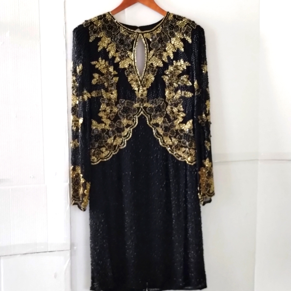 PEAK black & gold floral handbeaded dress sz10 100%silk Old Money Chic Party